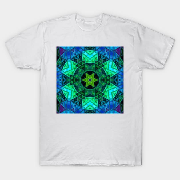 Mosaic Mandala Green and Blue T-Shirt by WormholeOrbital